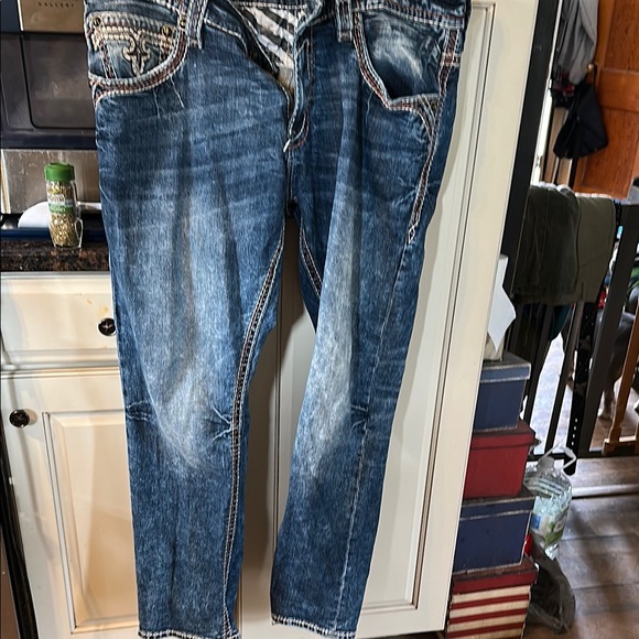 Rock Revival Blue Straight Jeans with Vintage Distressing
